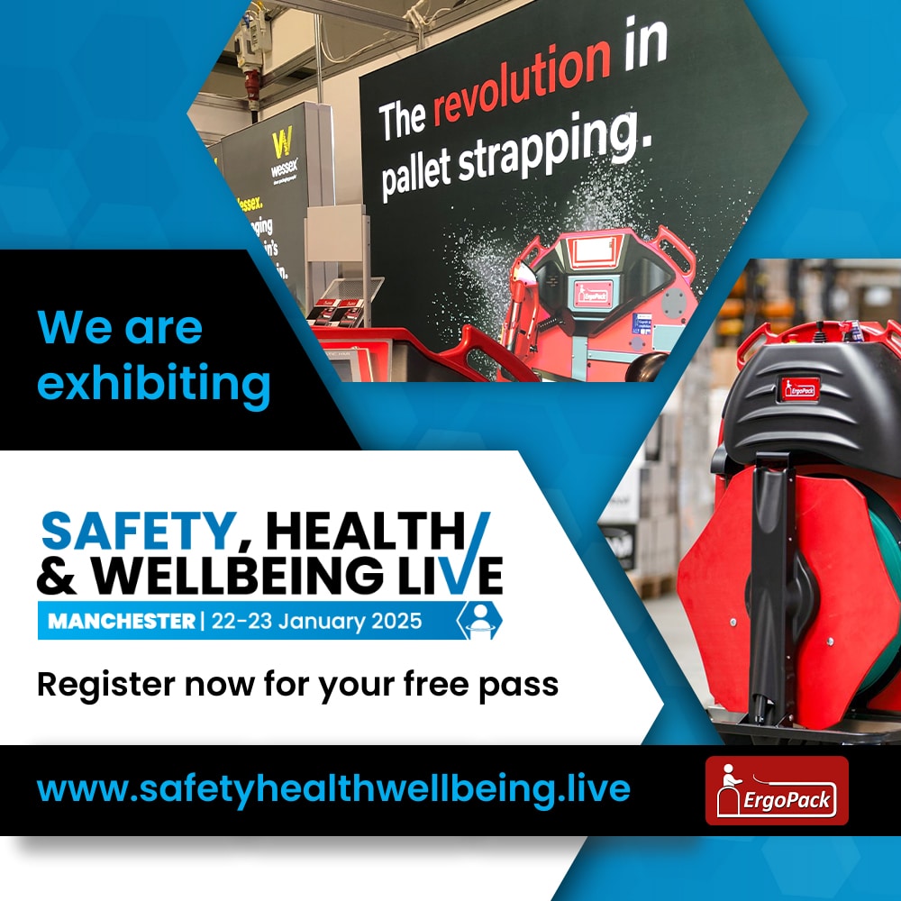 See ErgoPack ergonomic strapping machines at Safety, Health & Wellbeing Show in Manchester, 22nd & 23rd January 2025. Wessex Packaging Official GB ErgoPack Distributor.
