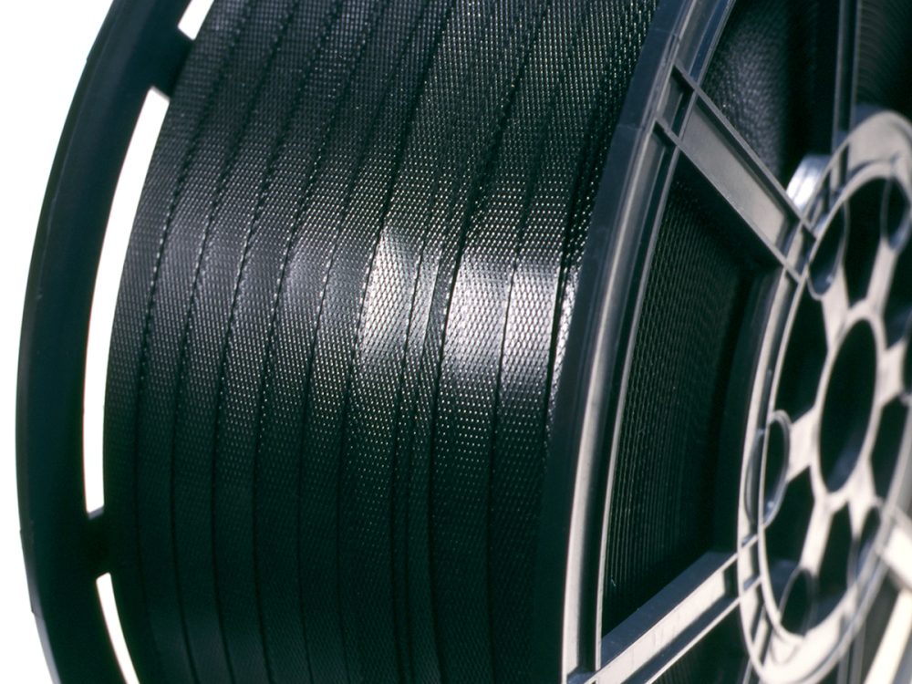 Polypropylene Hand Strapping Black on plastic reel from Wessex Packaging