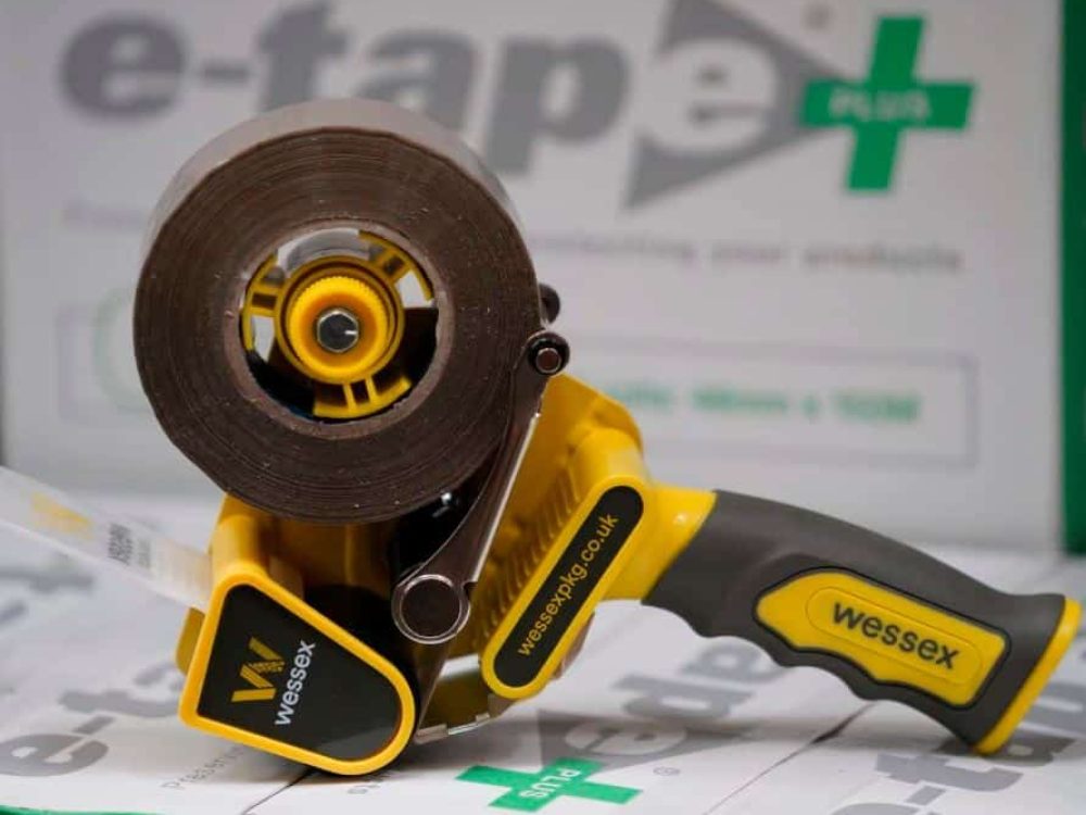 e-tape self adhesive packing tape from Wessex Packaging, with tape dispenser.